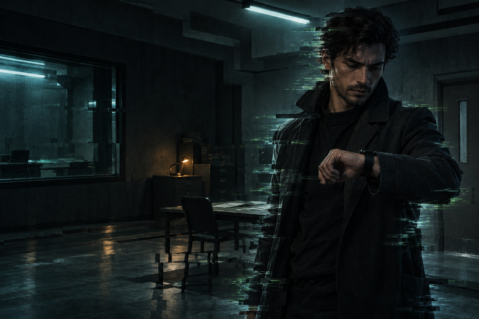 Miguel Devanter checks his smartwatch while the room glitches around him
